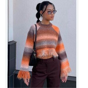 Zara Orange Brown Striped Fringe Sweater